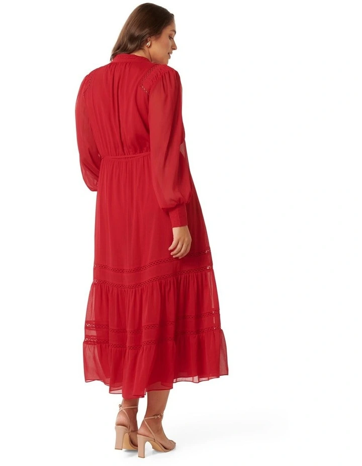 Bethany Lace Trim Midi Dress in Red