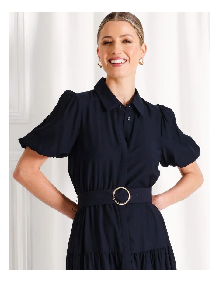 Puff Sleeve Belted Midi Shirt Dress in Navy