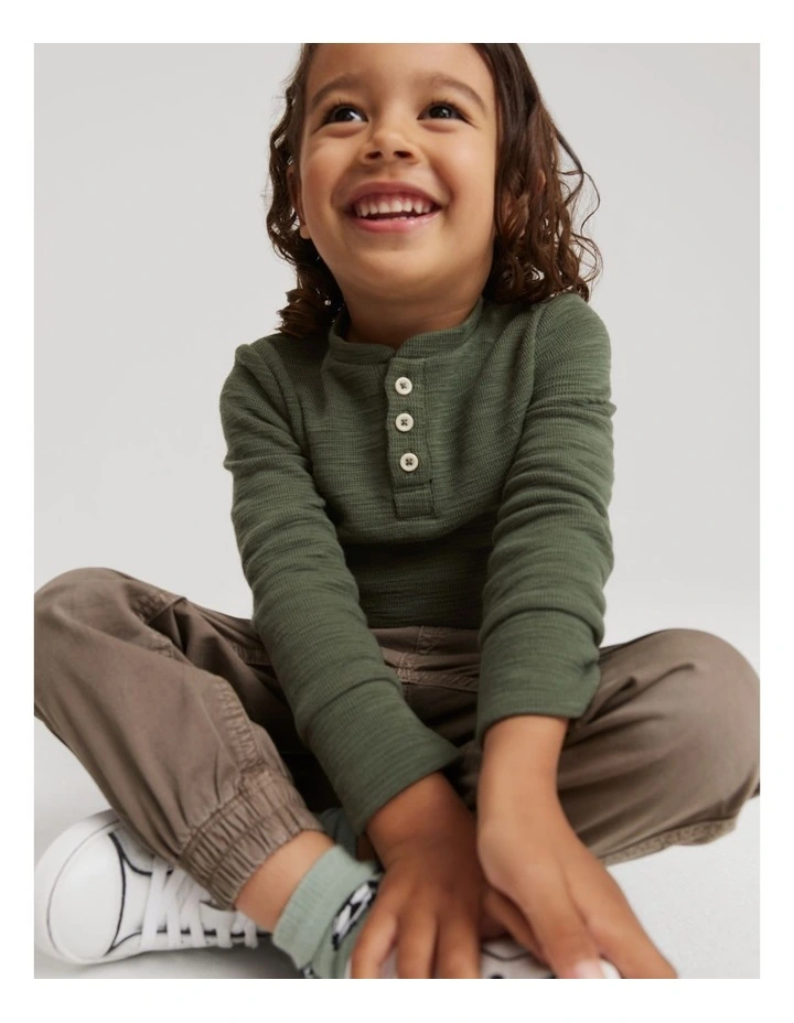 Slub Texture Henley Top in Forest Green