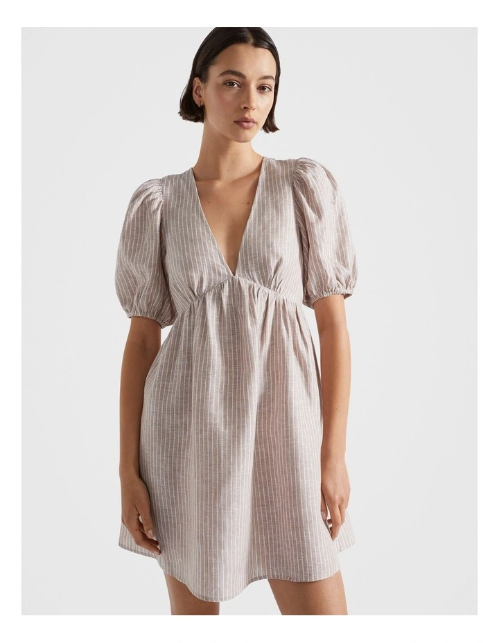 Linen Stripe V Neck Mini Dress in Beige