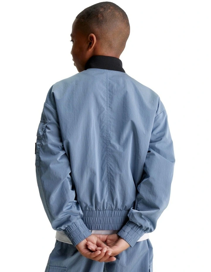 Structured Nylon Zipped Bomber Jacket in Goblin Blue