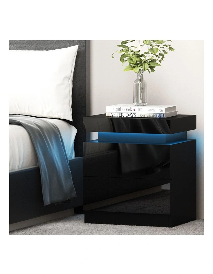 LED 2 Drawers Lift-up Storage Coley Bedside Table in Black