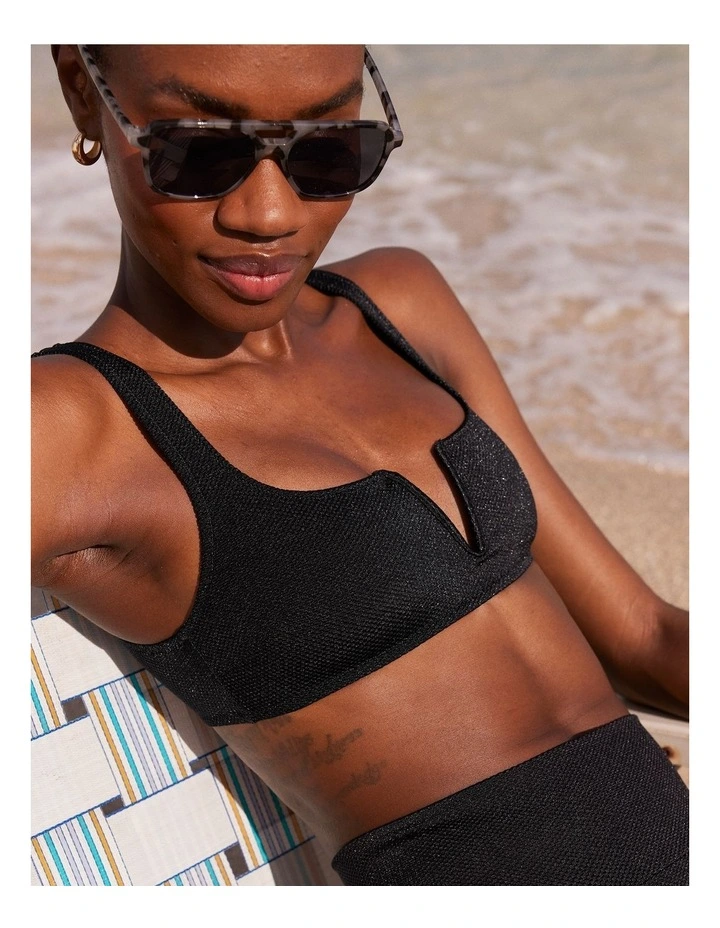 Shine Pique V Wire Scoop Bikini Top in True Black
