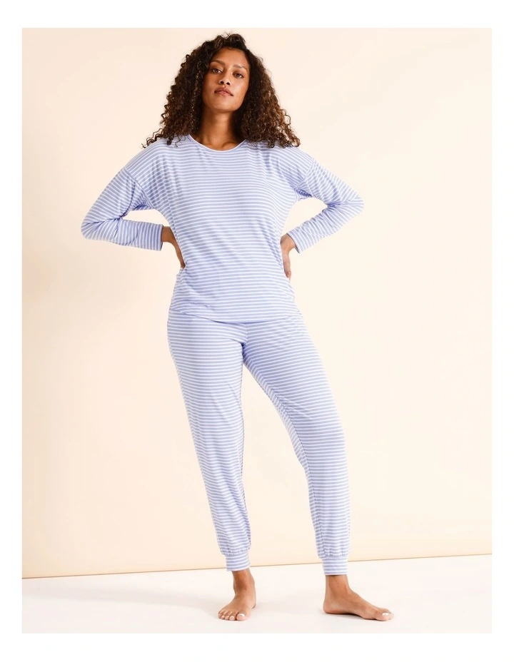 Jersey Knit Cuffed Pant in Blue Stripe