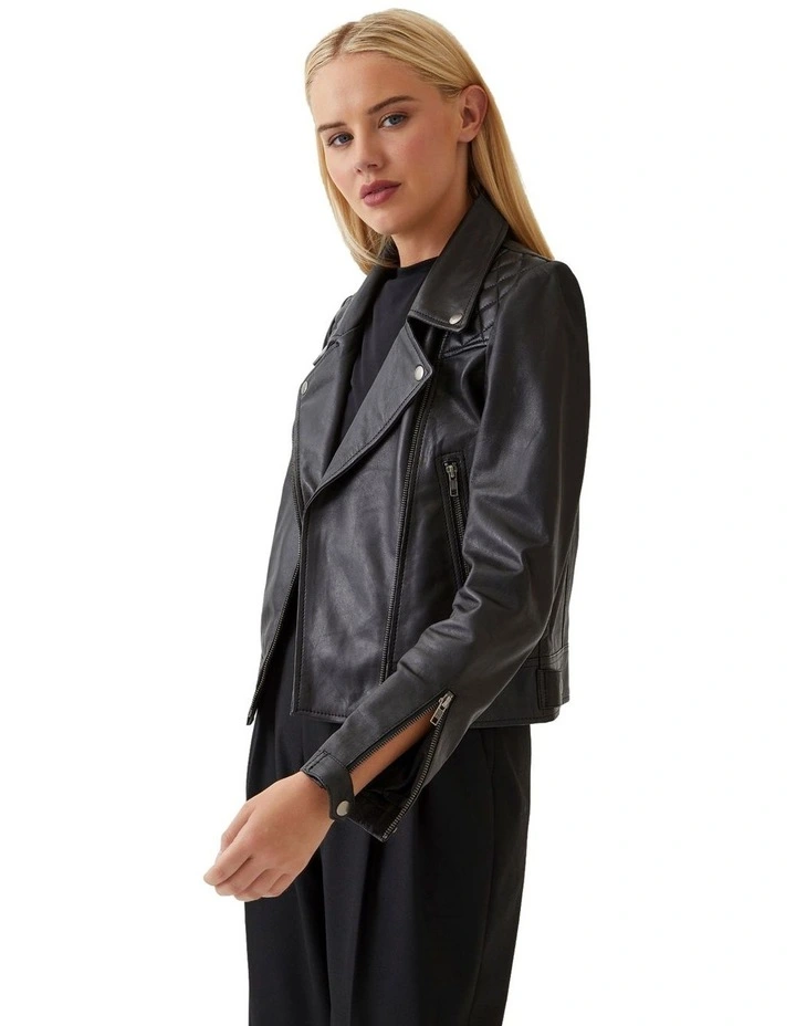 Emma Biker Leather Jacket in Black