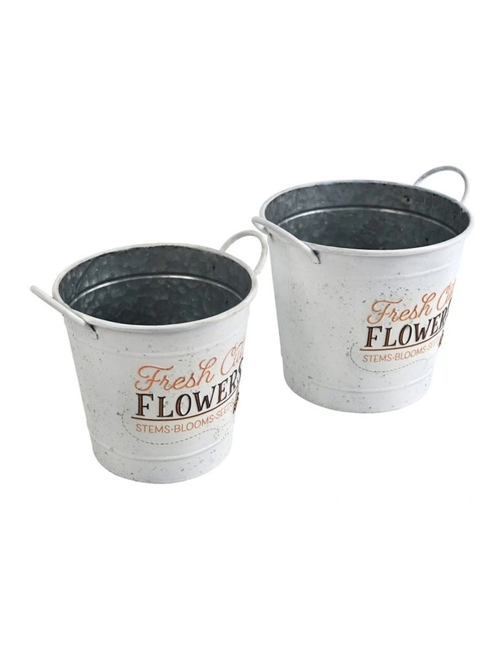 Fresh Cut Flowers Bucket Pot Planters Set of 2 in Distressed White