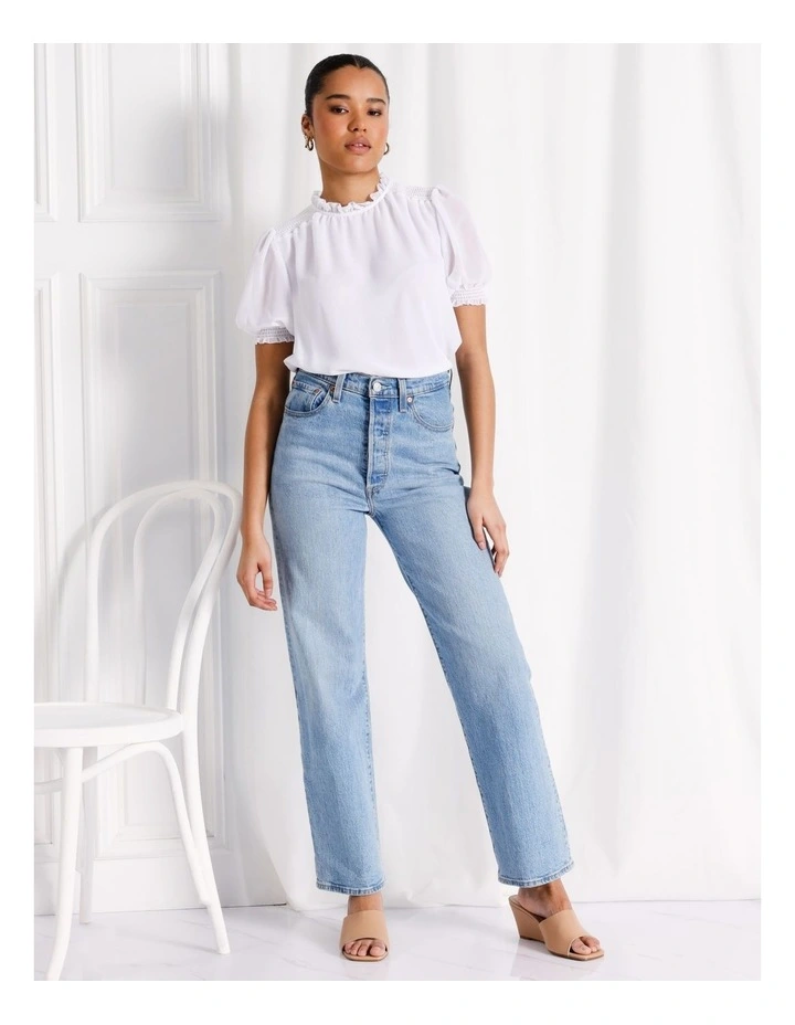 Recycled Smocked Detail Puff Sleeve Top in White