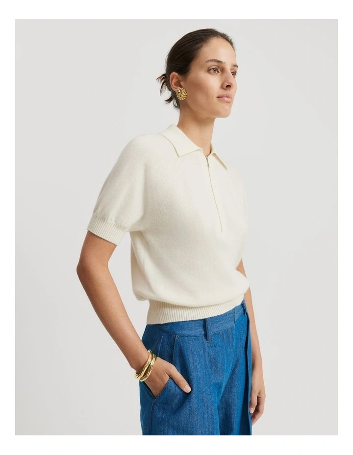 Gcs-certified Cashmere Blend Zip-through Knit Polo in Antique White