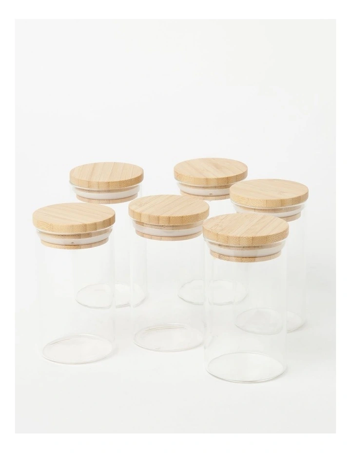 Round Storage Canisters Set of 6 10cm in Bamboo/Clear