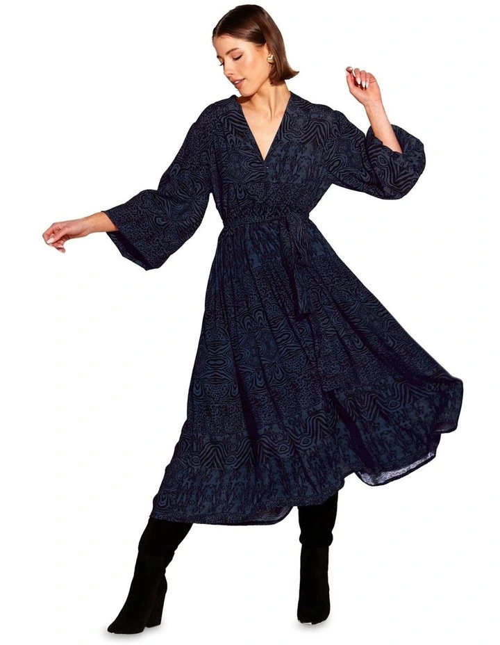 Walking Flames Faux Wrap Midi Dress in Blue