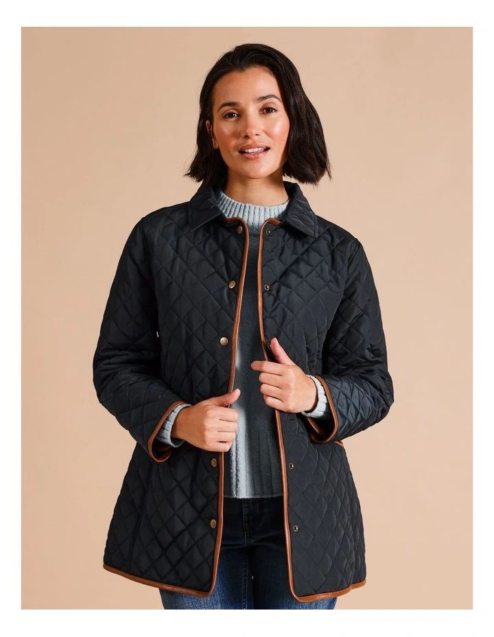 Recycled Polyester Short PU Trim Quilted Jacket In Navy