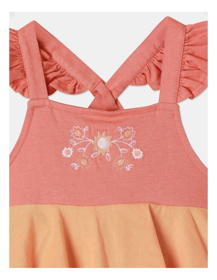 Tiered Embroidered Jersey Dress in Peach