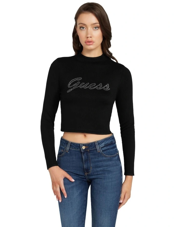 Long Sleeve Guess Rhinestone Logo Sweater in Jet Black