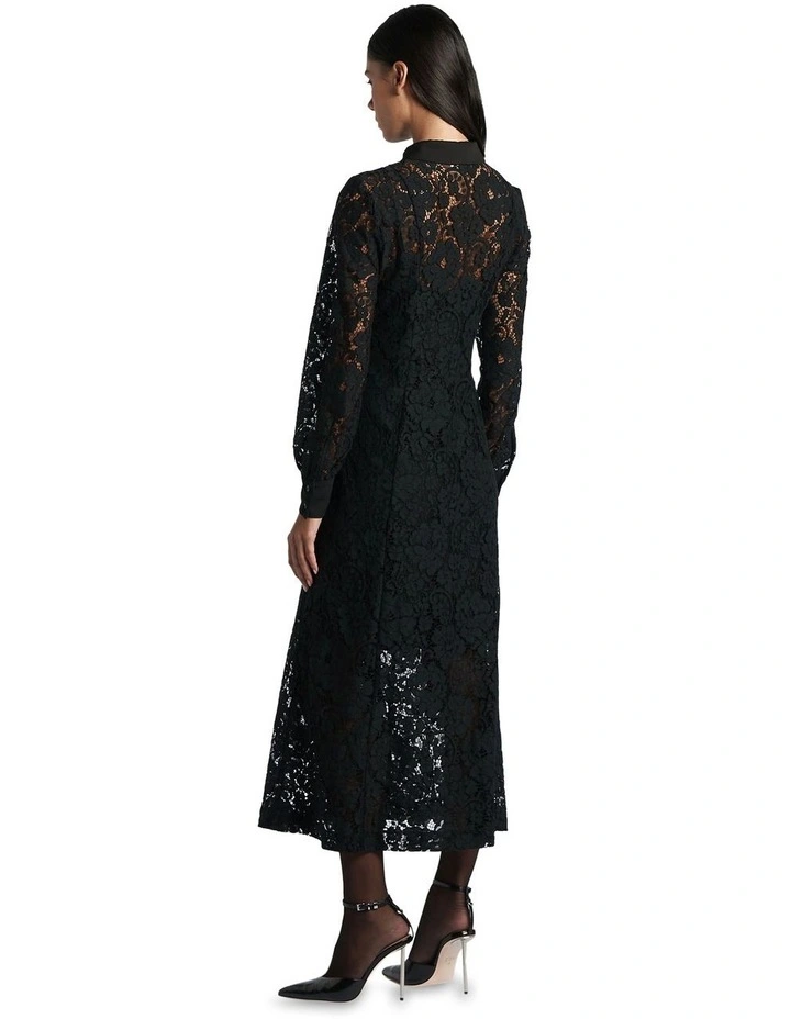 Lace Shirt Midi Dress in Black