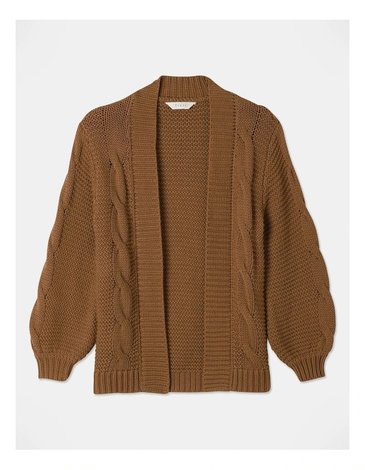 Knitted Long Line Cable Knit Cardigan in Tan