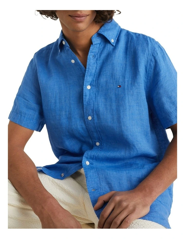 Short Sleeve Regular fit Linen Shirt in Blue