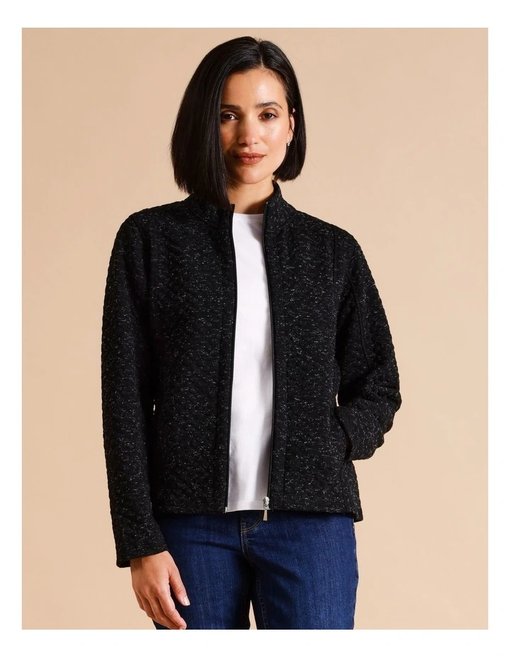 Recycled Polyester Blend Zip Thru Spot Jacquard Sweat Top In Black
