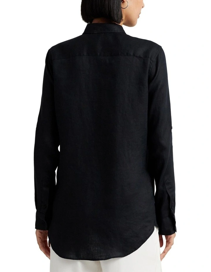 Relaxed Fit Linen Roll Tab-Sleeve Shirt in Black