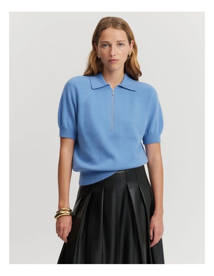 Gcs-certified Cashmere Blend Zip-through Knit Polo Top in French Blue