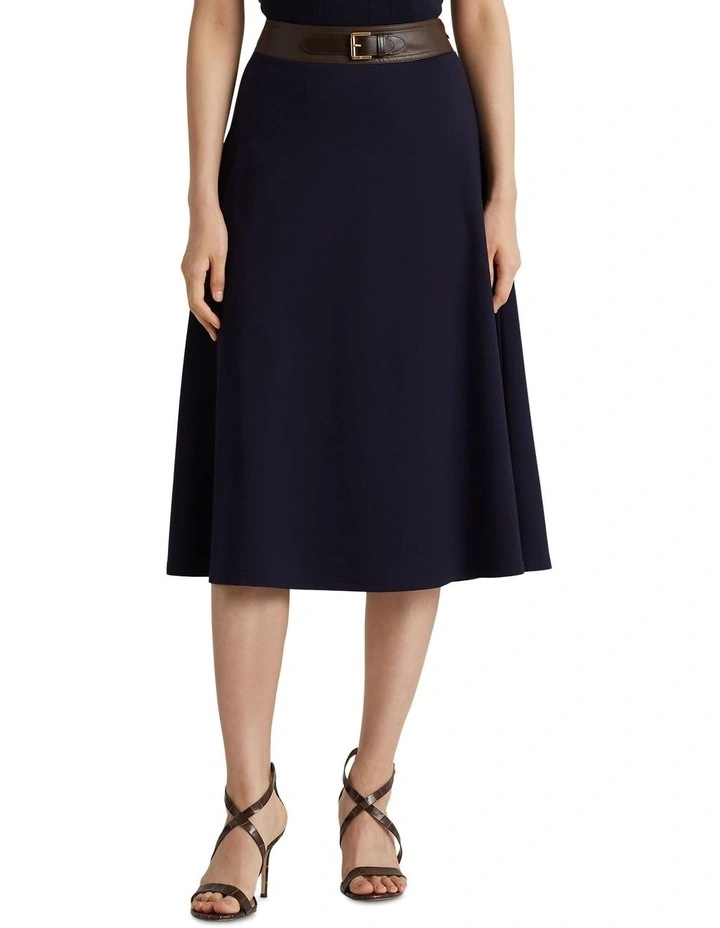 Buckle-Trim Ponte A-Line Skirt in Blue