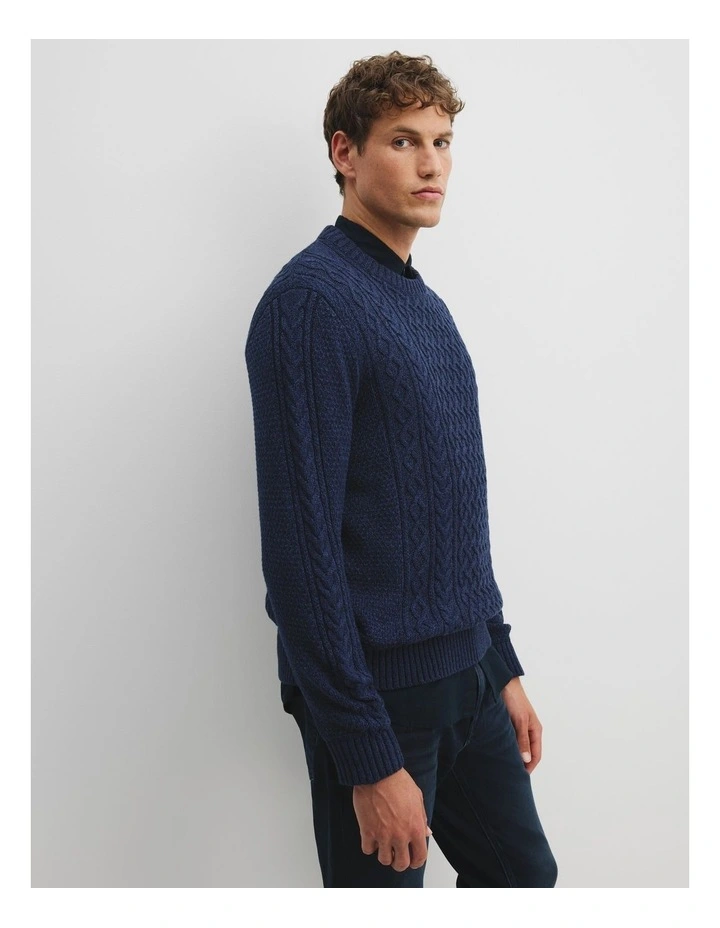 Australian Cotton Cable Crew Knit Sweater in Navy