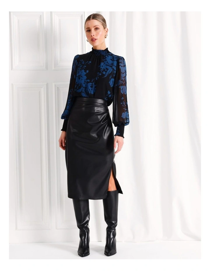 Faux Leather Midi Skirt in Black