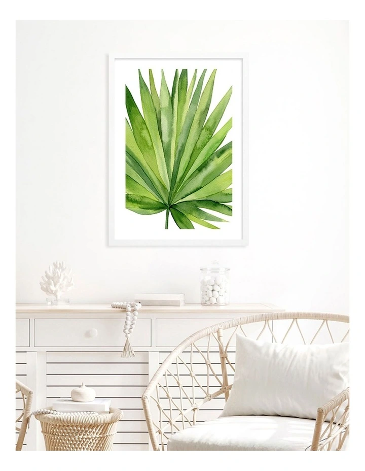 Australian Made Fan Palm Leaf Art Print A2 in White Frame