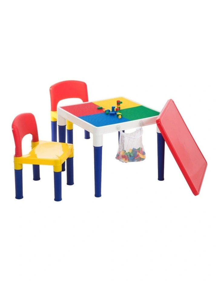 Kids Table & 2 Chairs Plastic Set w/ 100pc Building Block