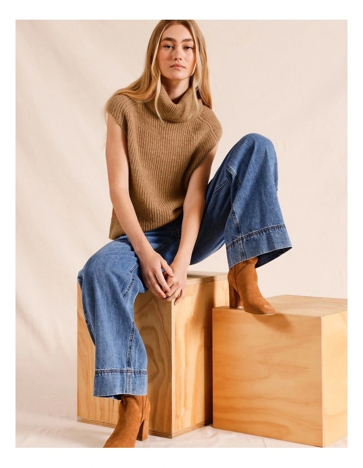 Funnel Neck Extended Shoulder Knit Vest in Tan