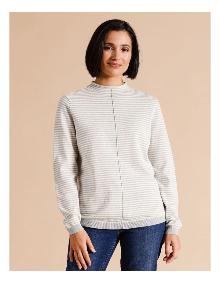 Organic Cotton Blend Funnel Neck Jumper With Seam In Greymarle/ivory Stripe