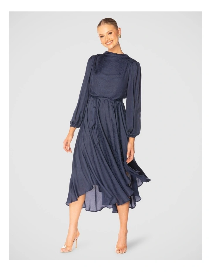 Renzo High Neck Midi Dress in Navy