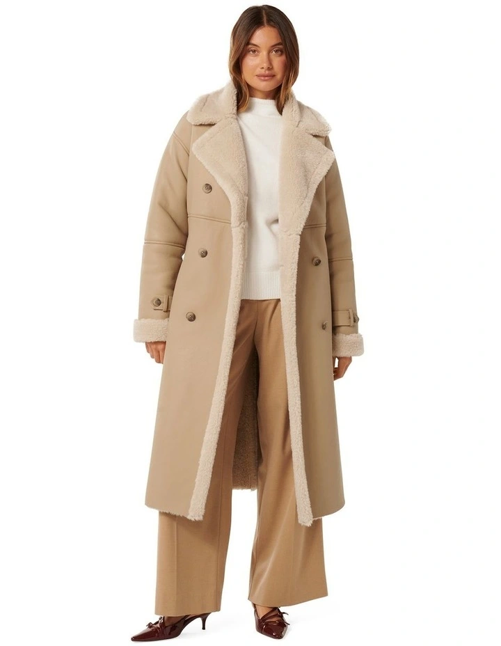 Alix Vegan Leather Maxi Shearling Coat in Camel