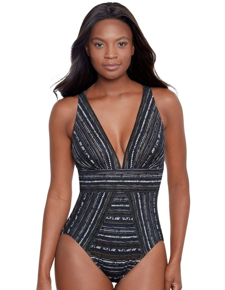 Cypher Odyssey Plunge Tummy Control Shaping Swimsuit in Black Multi