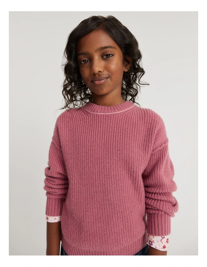 Contrast Knit Pullover in Deep Rose
