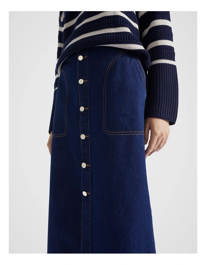 Denim Midi A Line Skirt in Neptune Wash