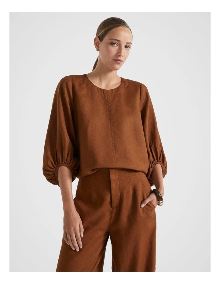 Core Linen Balloon Sleeve Top in Spice