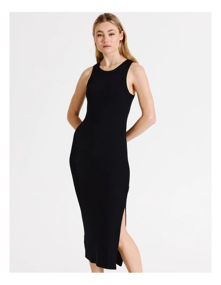 Eco Blend Sleeveless Rib Midi Dress in Black
