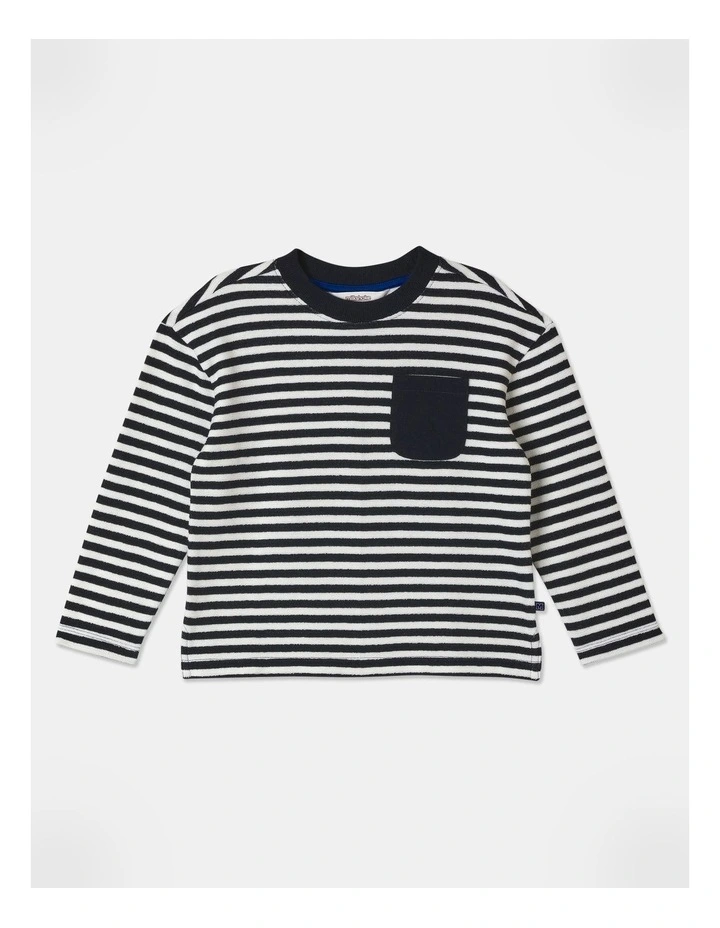 Long Sleeve Double Knit Stripe Tee in Navy