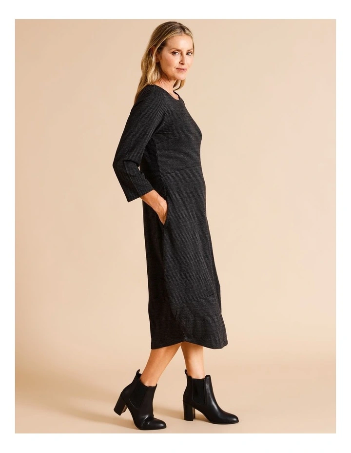 3/4 Sleeve Dart Hem Knit Dress In Black/Charcoal Small Check