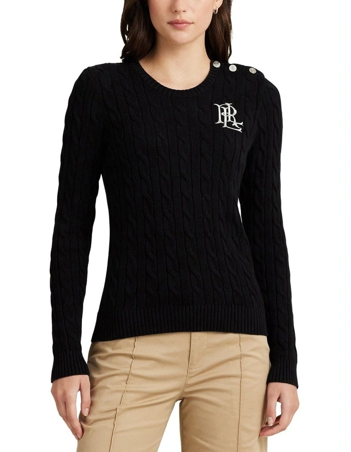 Button-Trim Cable-Knit Cotton Sweater in Black