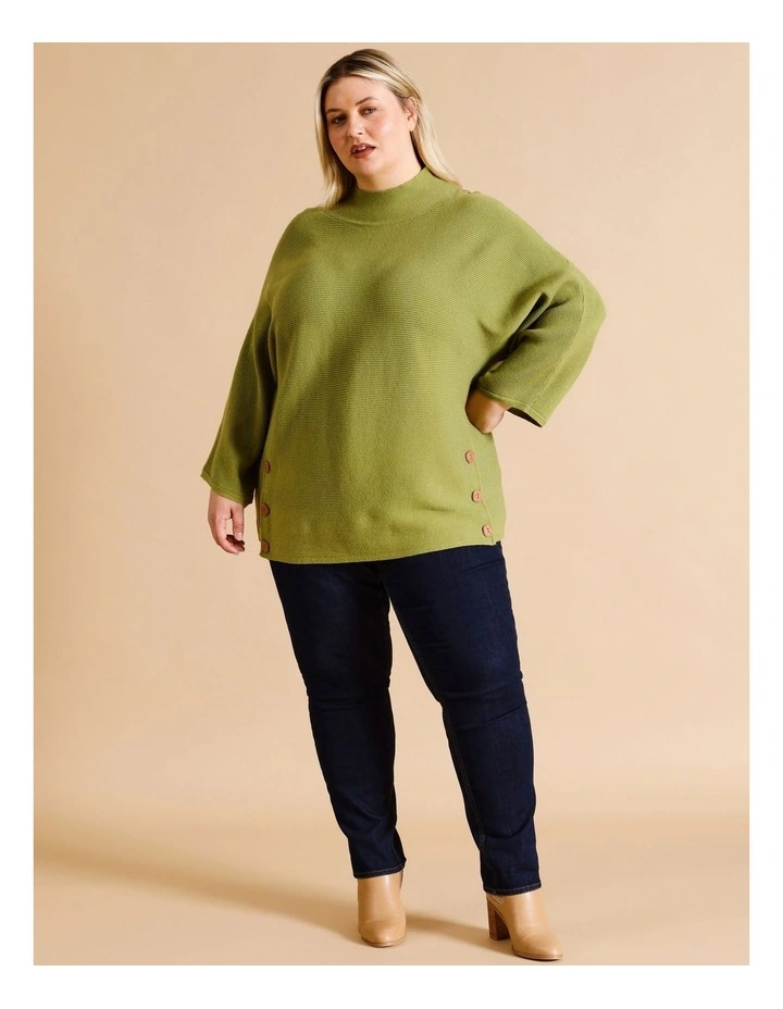 Sustainable Viscose Blend Button Side Magyar Sleeve Jumper In Avocado