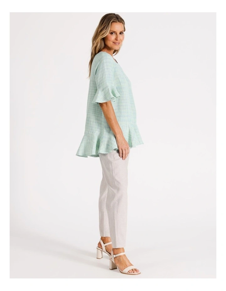 European Linen Blend Fluted Hem And Sleeve Top in Blue/Green Crossdye