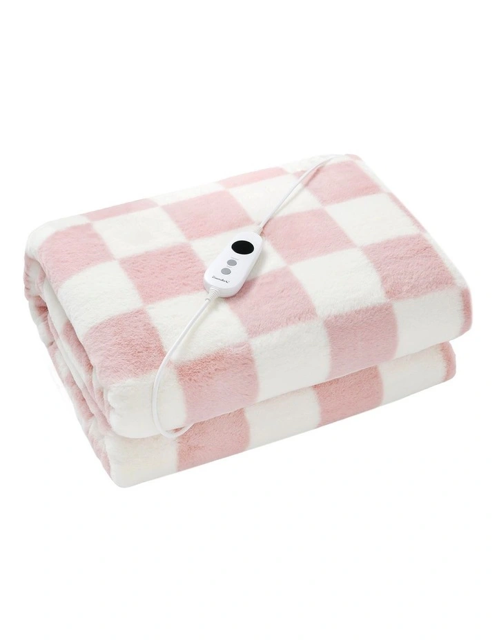 Checkered Plush Heated Throw in Pink/Cream