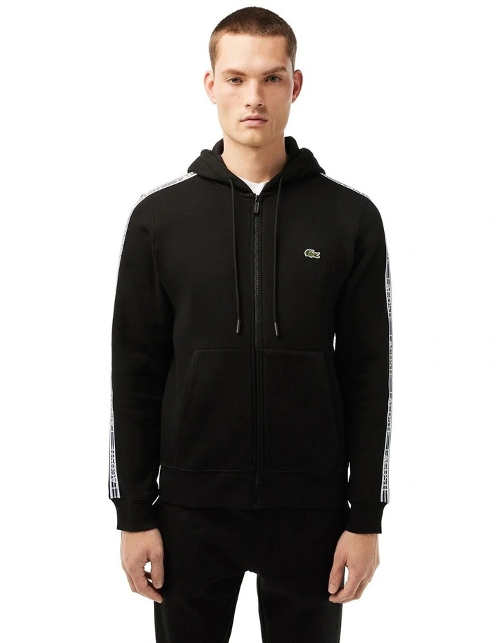 Logo Tape Fleece Zip Front Hoodie in Black