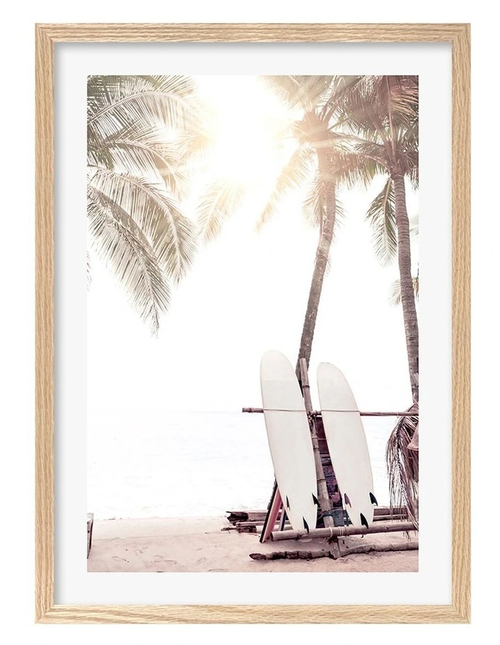 Australian Made Surfboard Sunrise Art Print A2 in Natural Frame