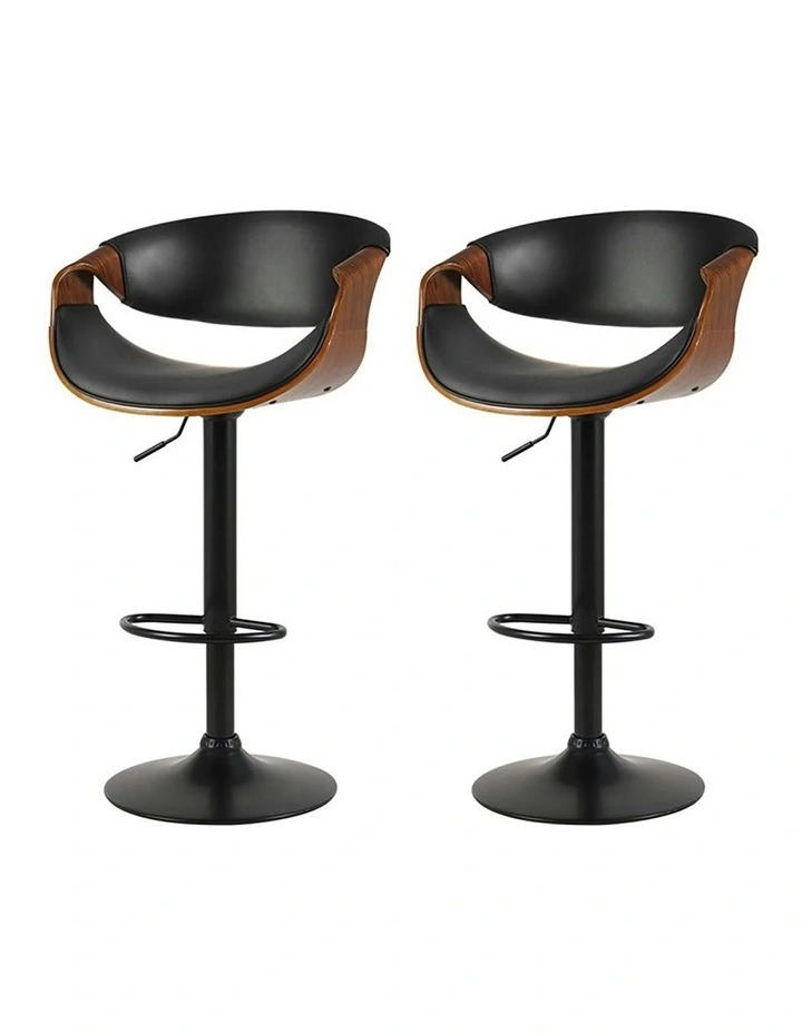 Gas Lift Leather Bar Stools with Armrest x2 in Black
