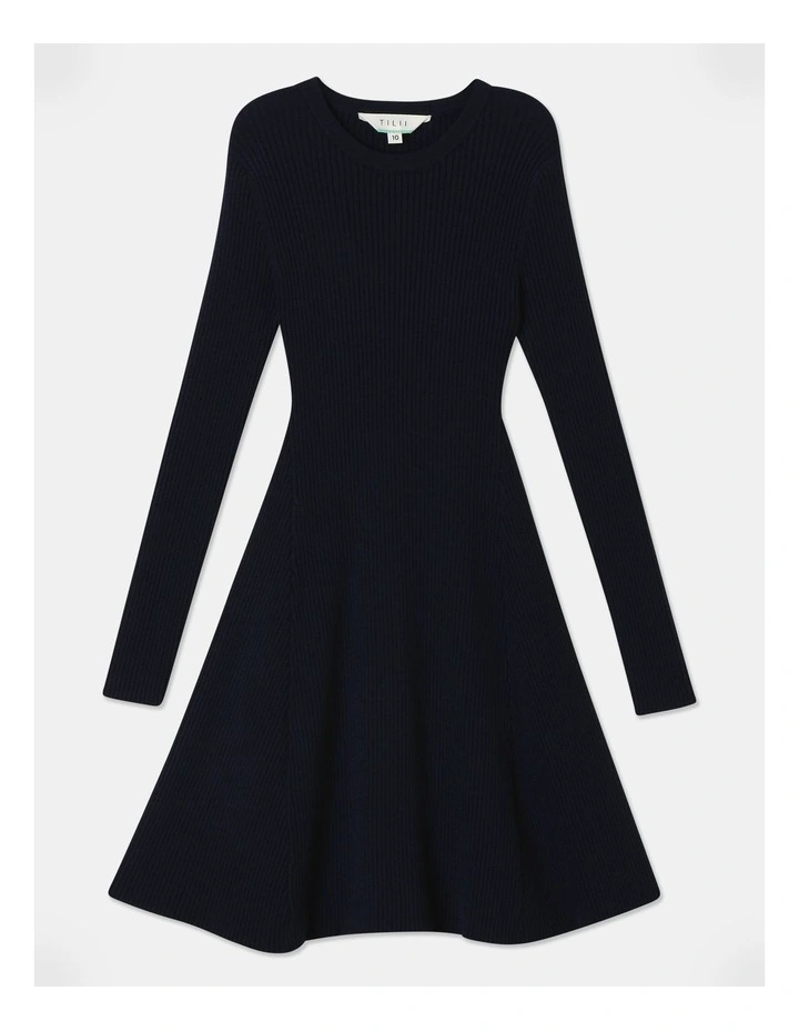 Long Sleeve Knitted Skater Dress in Navy