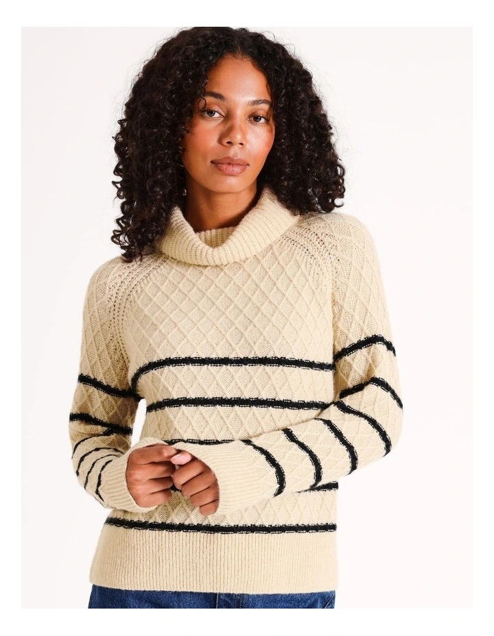Recycled Blend Roll Neck Cable Stripe Jumper in Black