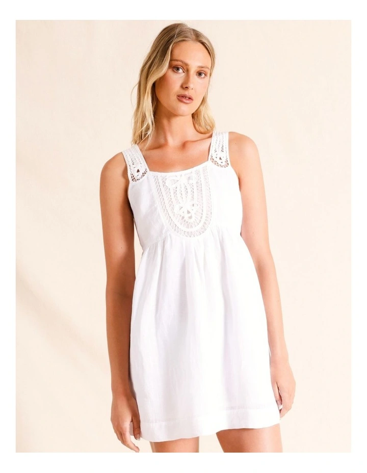 Linen Battenberg Lace Mini Dress in White