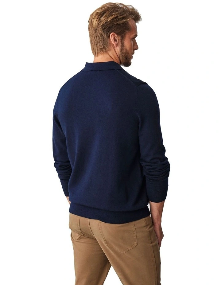 Merino Knit Long Sleeve Polo Shirt in Navy